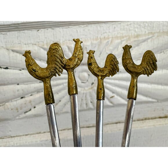 Vintage 1970s 4 PC. Brass Stainless Steel Kebob Skewers Chicken Rooster Tops - Picture 4 of 9